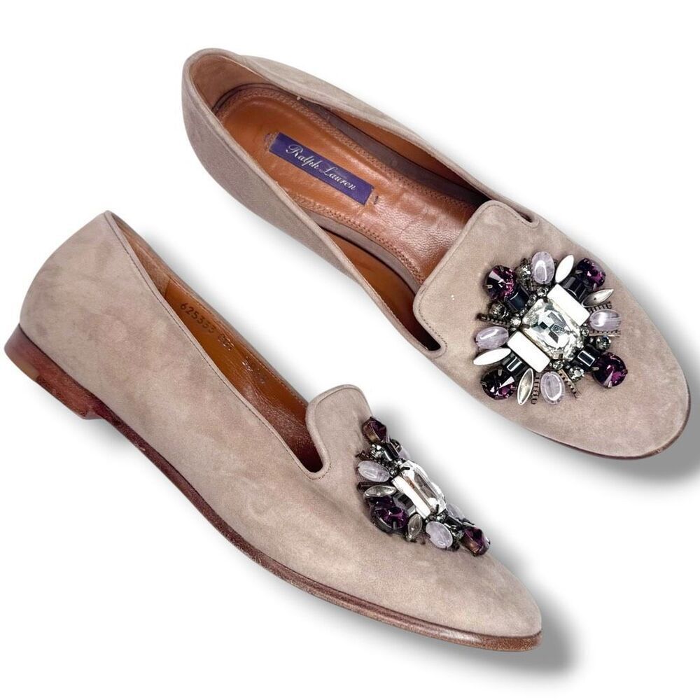Ralph Lauren Purple Label Suede Jeweled Loafers Crystal Embellishment Shoes 38.5